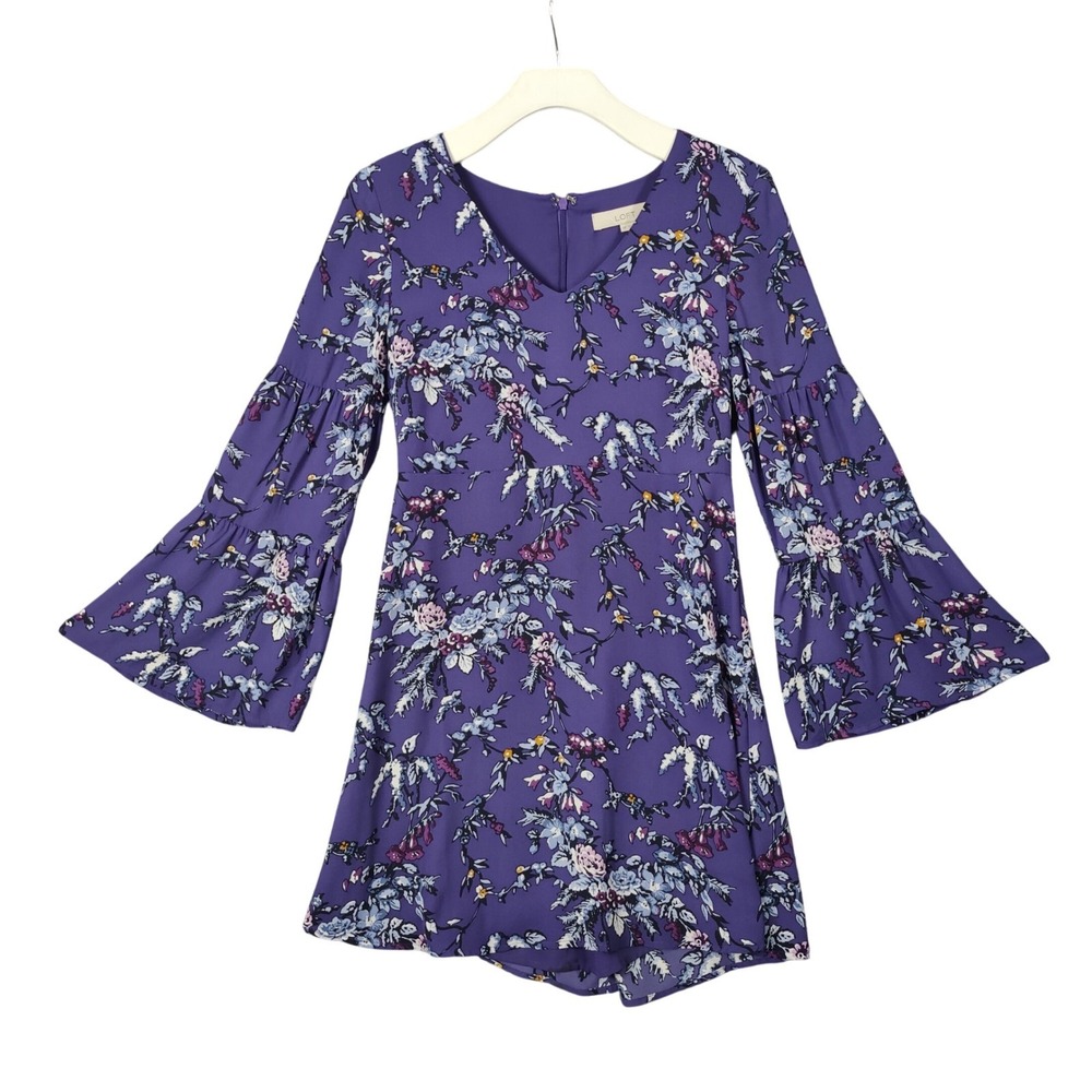 LOFT Womens Coquette Fairy Dark Floral Bell Sleeve Mini Cottage Dress 0P Purple